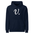A minimalist black sumi-e ink brushstroke of the capital letter U printed on a hoodie. Shown on the Ink (French Navy) colorway.