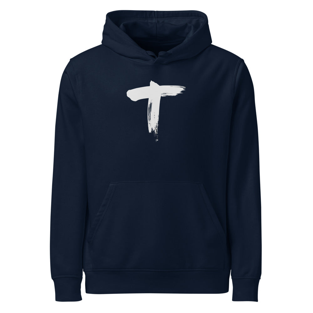 Black ink brushstroke art of the letter T printed on a comfortable hoodie. Shown on the Ink (French Navy) colorway.