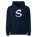 The letter S rendered in a single serpentine sumi-e brush stroke printed on a hoodie. Shown on the Ink (French Navy) colorway.