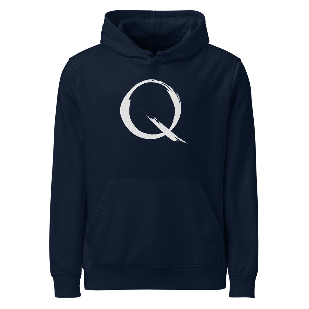 The letter Q rendered in a single minimalist sumi-e brush gesture on a hoodie. Shown on the Ink (French Navy) colorway.