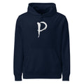 The letter P in black sumi-e brush calligraphy printed on a hoodie. Shown on the Ink (French Navy) colorway.