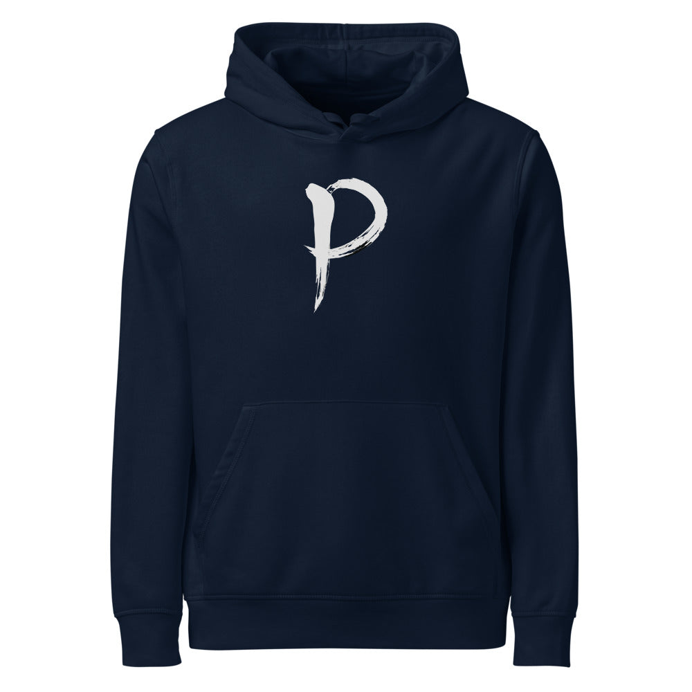 The letter P in black sumi-e brush calligraphy printed on a hoodie. Shown on the Ink (French Navy) colorway.