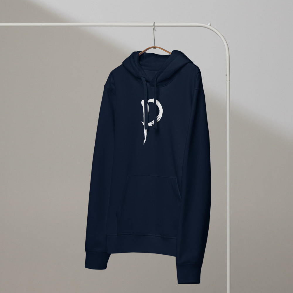 The letter P in black sumi-e brush calligraphy printed on a hoodie. On a hanger, Ink colourway.