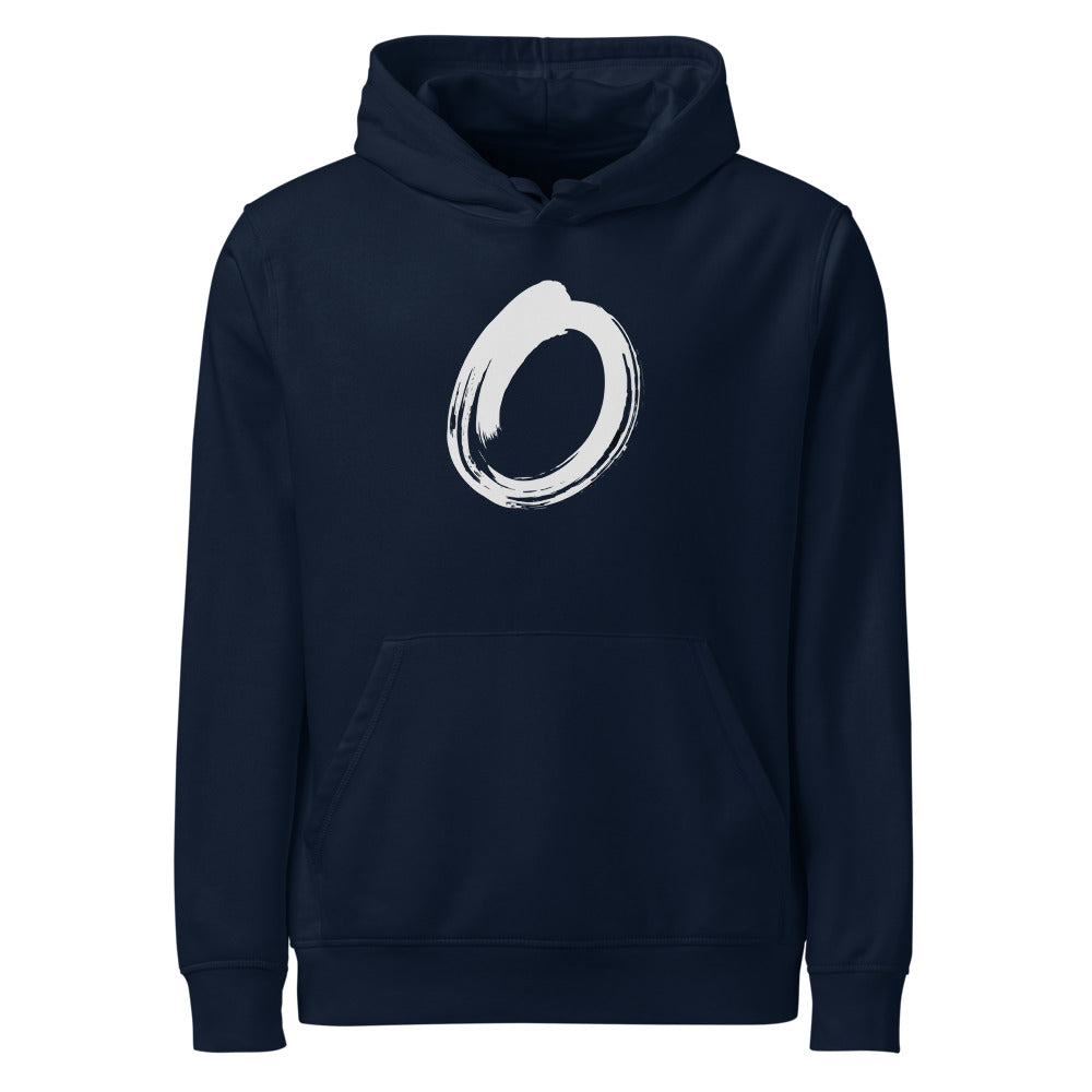 A single black sumi-e brushstroke forming an unclosed letter O on a hoodie. Shown on the Ink (French Navy) colorway.
