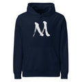 The letter M in black sumi-e brush stroke style printed on a minimalist hoodie. Shown on the Ink (French Navy) colorway.