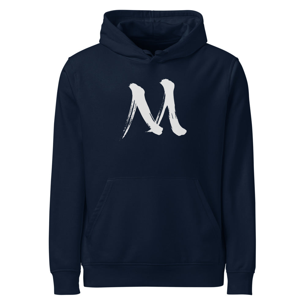 The letter M in black sumi-e brush stroke style printed on a minimalist hoodie. Shown on the Ink (French Navy) colorway.