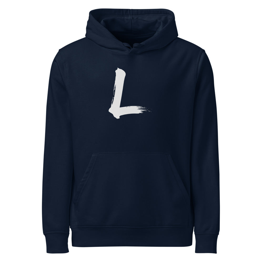 A minimalist black ink sumi-e stroke forming the letter L, printed on a classic hoodie. Shown on the Ink (French Navy) colorway.