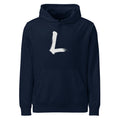 A minimalist black ink sumi-e stroke forming the letter L, printed on a classic hoodie. Shown on the Ink (French Navy) colorway.