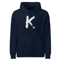 Sumi-e ink brush painting of the capital letter K printed on a hoodie. Shown on the Ink (French Navy) colorway.