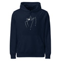 A minimalist line drawing of a six-legged insectoid alien specimen printed on a hoodie. Shown on the Ink (French Navy) colorway.