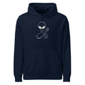 Minimalist waving visitor line art design of an alien with almond eyes raising a hand, printed on a hoodie. Shown on the Ink (French Navy) colorway.