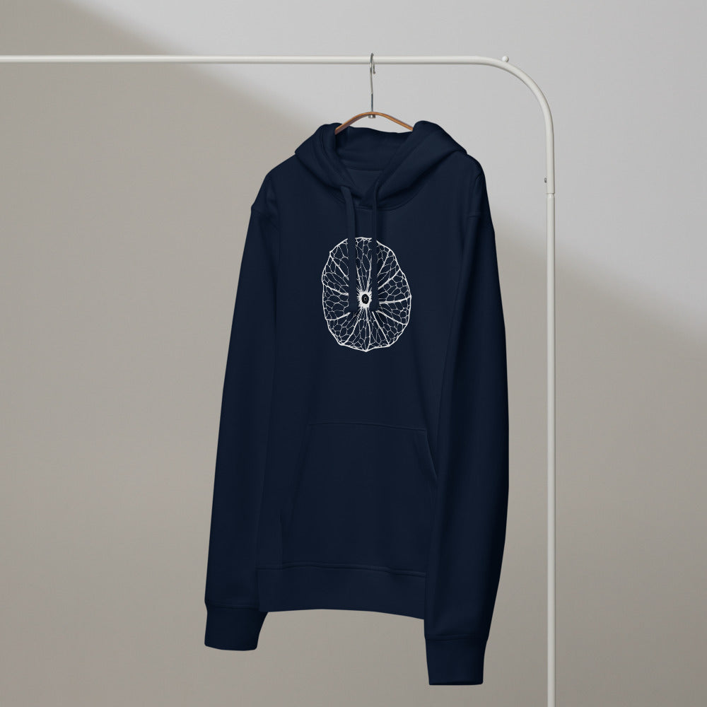 Fine-line illustration of a skeletonized Physalis calyx printed on a unisex hoodie. On a hanger, Ink colourway.