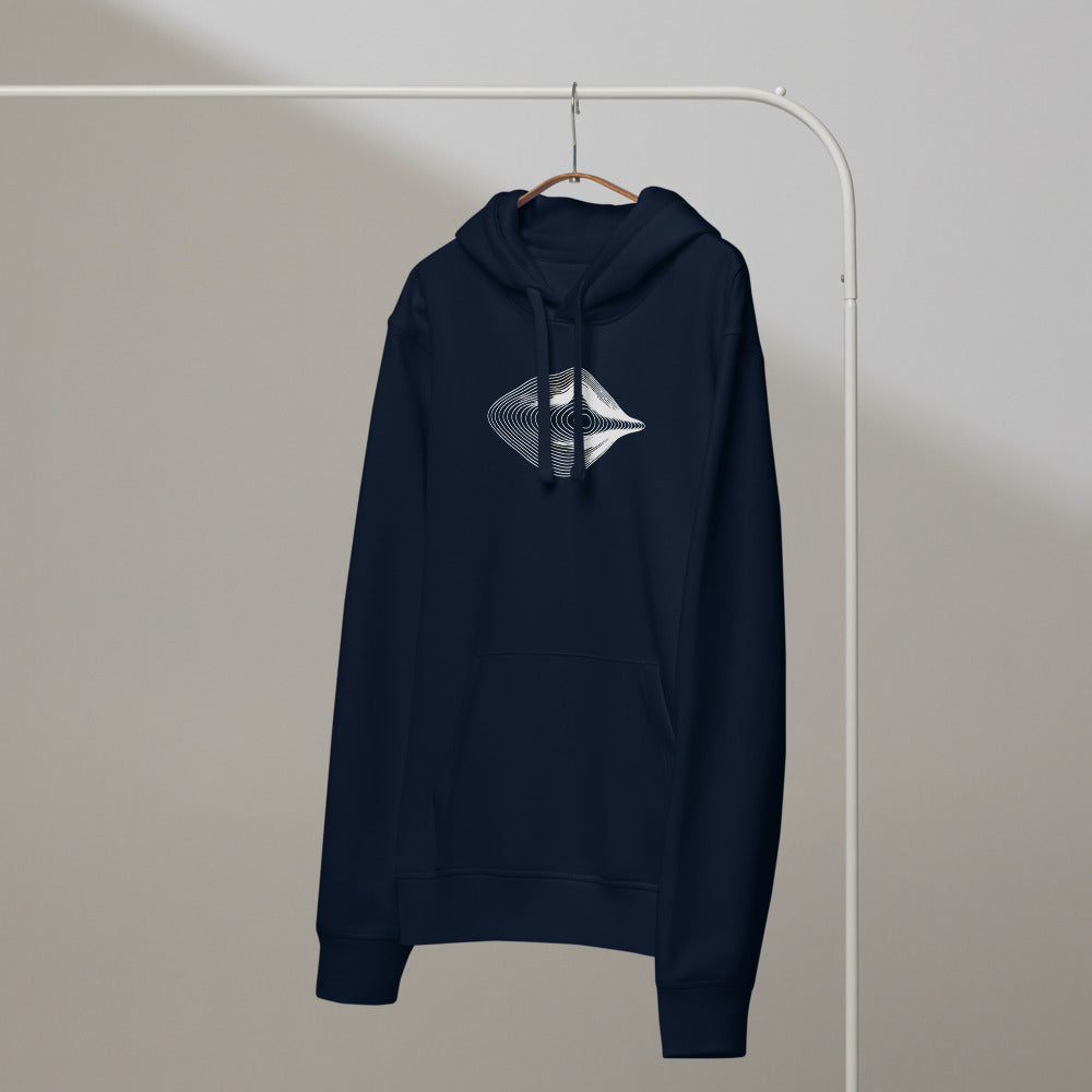 An engraving-style topographic contour design forming an asymmetric eye printed on a hoodie. On a hanger, Ink colourway.