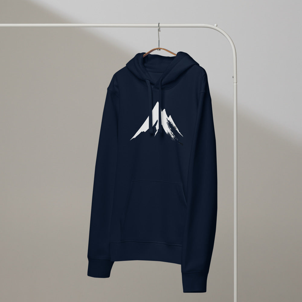 A sharp, minimalist sumi-e ink drawing of a jagged mountain peak printed on a hoodie. On a hanger, Ink colourway.