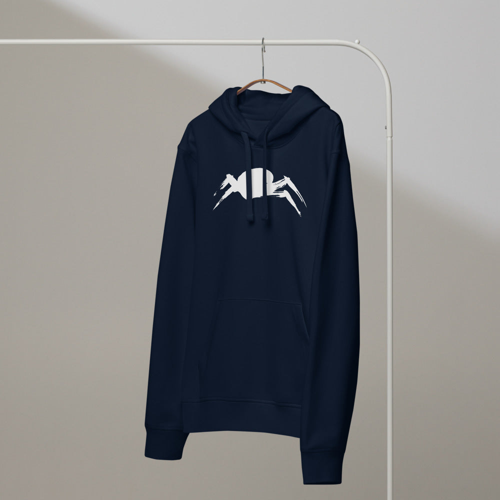 A minimalist sumi-e ink painting of a crab shell and legs printed on a hoodie. On a hanger, Ink colourway.