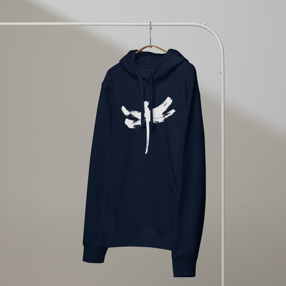 A minimalist dragonfly sumi-e ink design printed on a hoodie. On a hanger, Ink colourway.