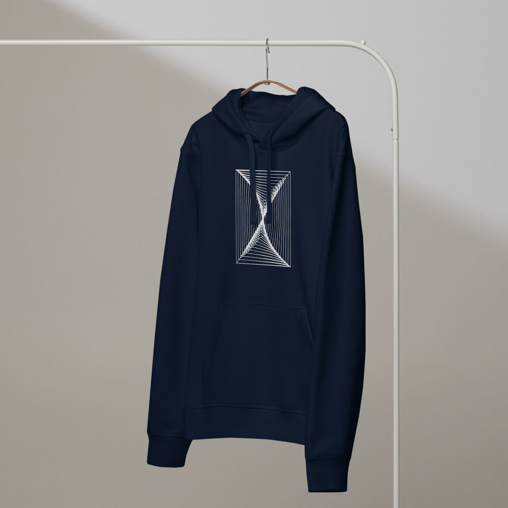 A systematic vector print of parallel vertical lines distorted by a central spiral on a hoodie. On a hanger, Ink colourway.
