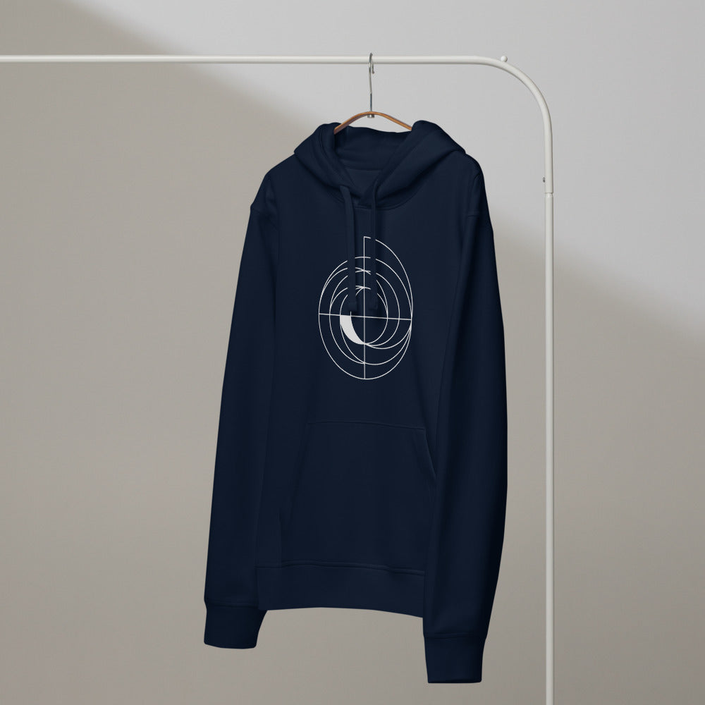 Concentric polar shift circle design in thin uniform lines printed on a hoodie. On a hanger, Ink colourway.