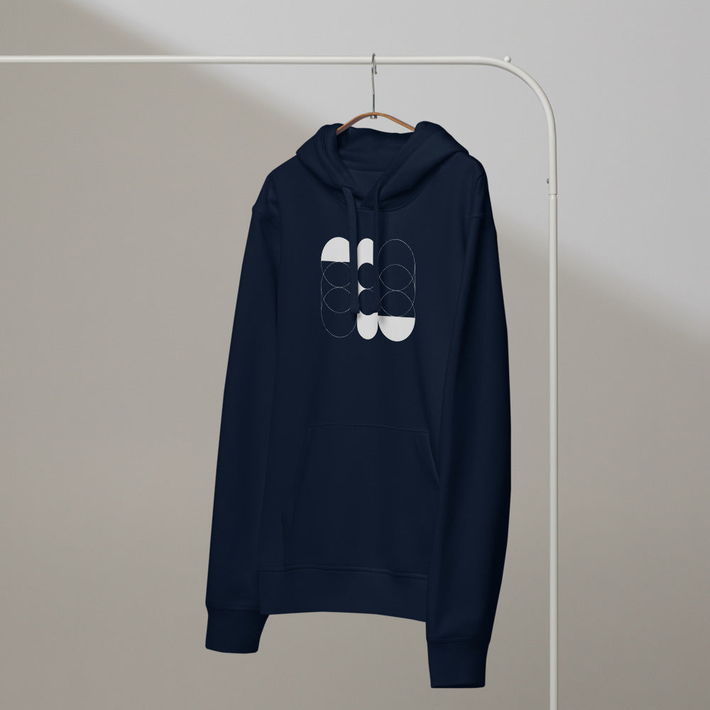 A sequence of nested Cassini ovals in fine hairline weight, transitioning from two loops to a flattened ellipse on a hoodie. On a hanger, Ink colourway.