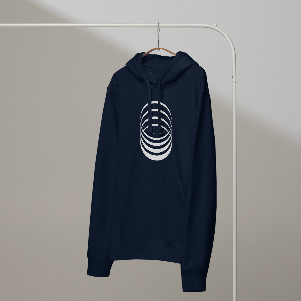 A sequence of eight concentric ellipses progressively flattened and rotated, printed on a hoodie. On a hanger, Ink colourway.